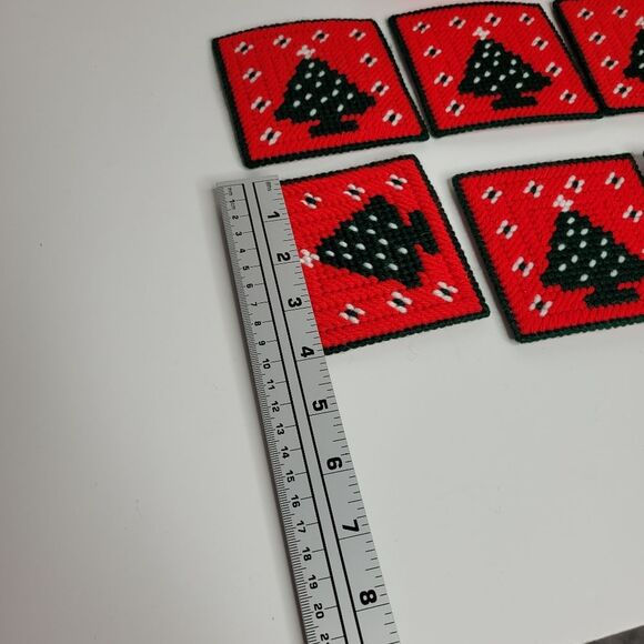 Christmas Tree Coasters Set of 6 Plastic Canvas Needlepoint Felted Trivets - Picture 4 of 5